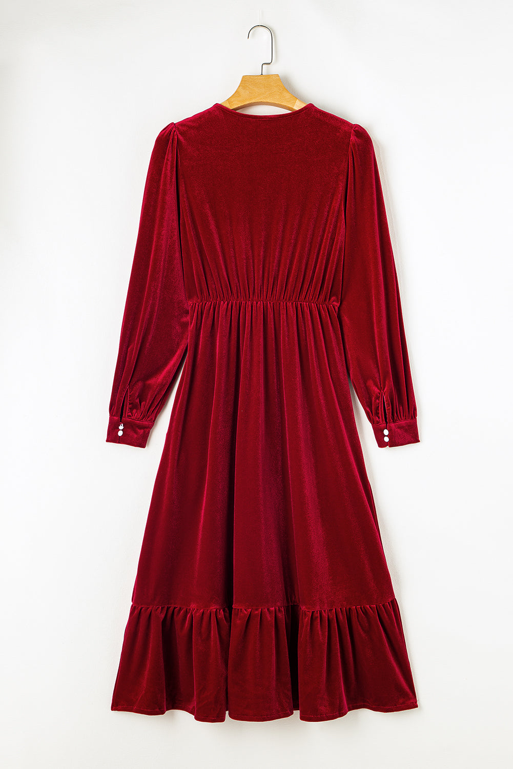 Dearlove Racing Red Velvet Buttoned Puff Sleeve V Neck Split Midi Dress