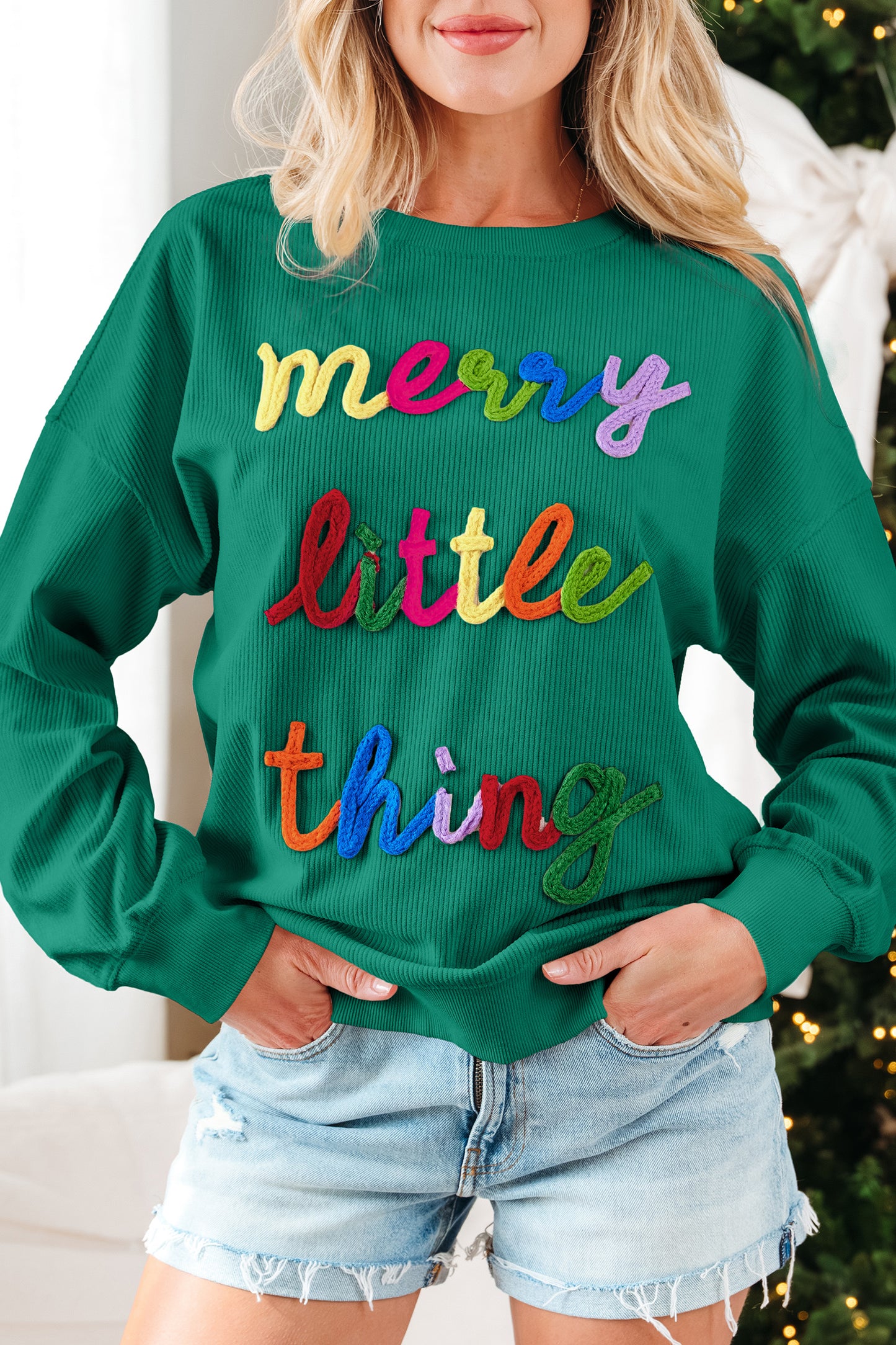 Dark Green merry little thing Corded Letter Graphic Ribbed Loose Sweatshirt