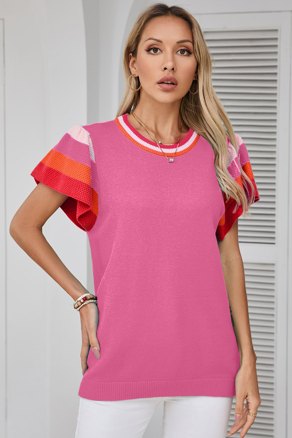 Stella Pink Flutter Sleeves Knitted Sweater T-Shirt