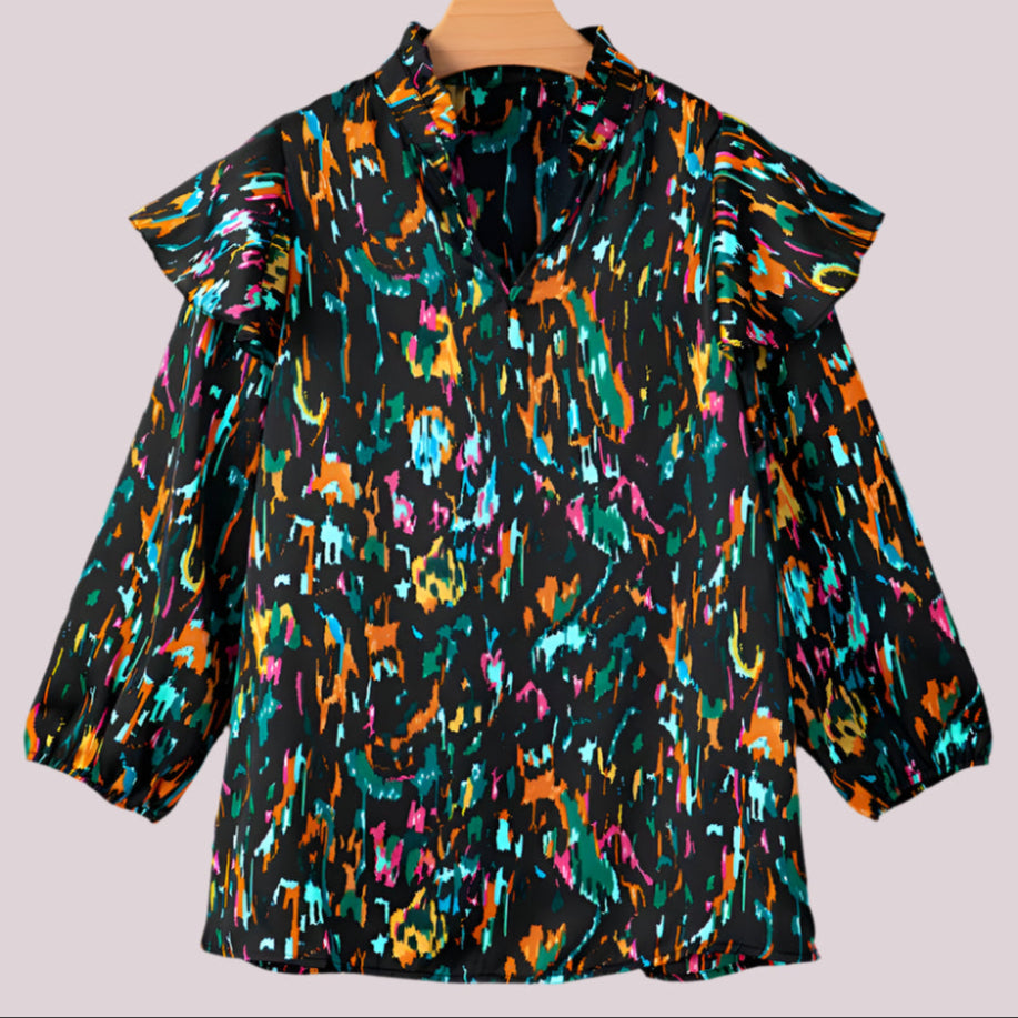 Olivia Black Abstract Puff Sleeve Blouse