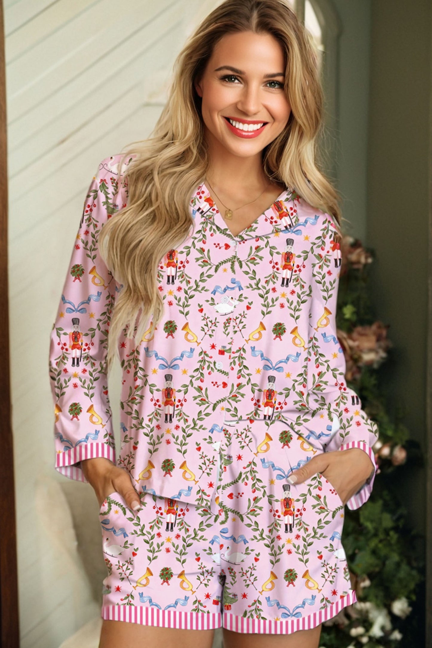 Pink Christmas Holiday Print Nutcracker Long Sleeve Shorts 2pcs Pajama Set