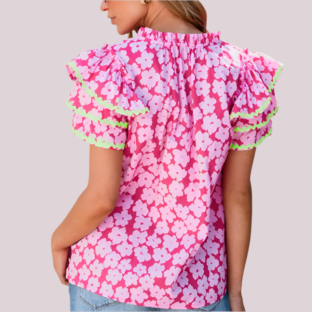 Laken Pink Floral Ric Rac Sleeve Top