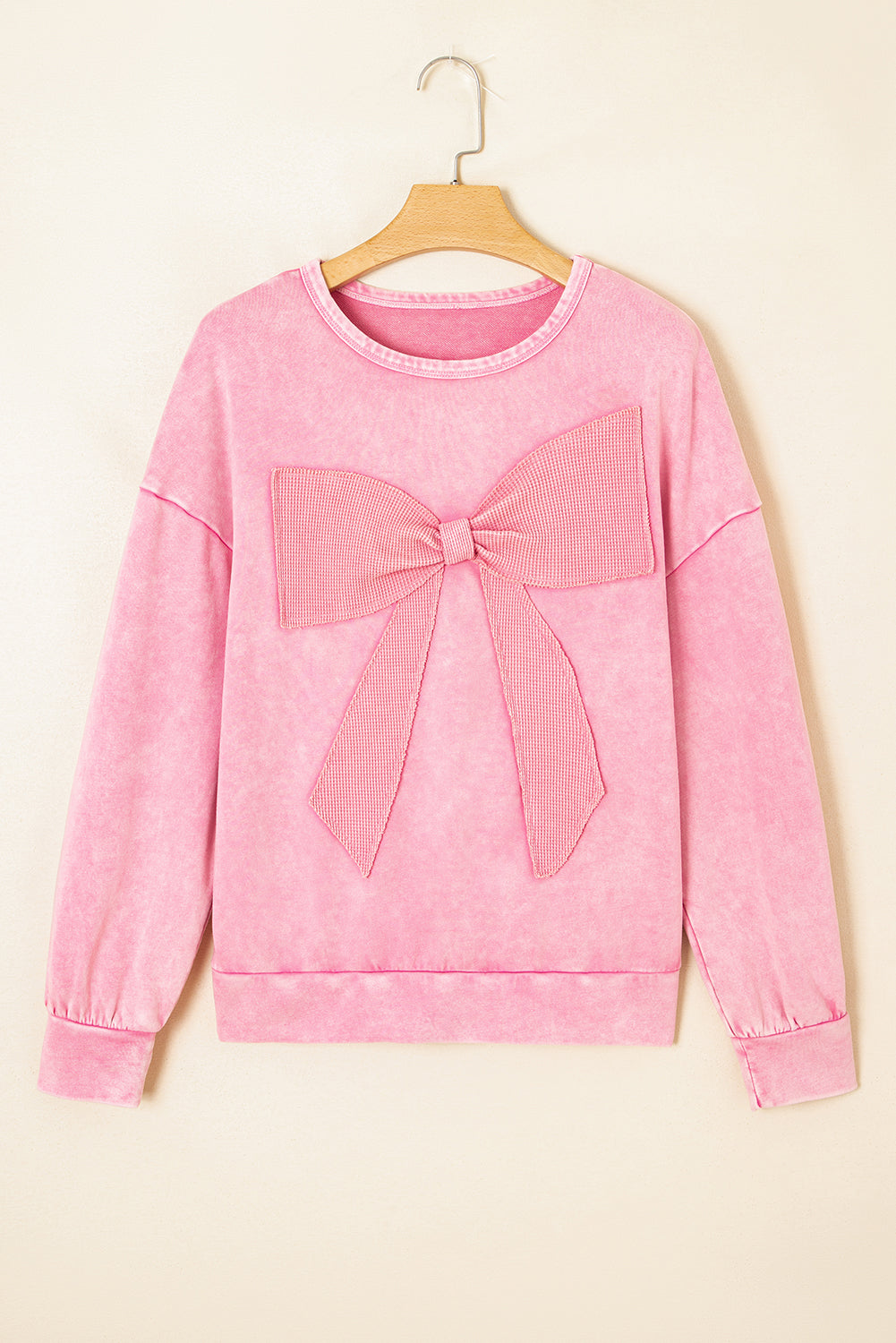 Bright Pink Mineral Wash Big Bow Patchwork Pullover Sweatshirt
