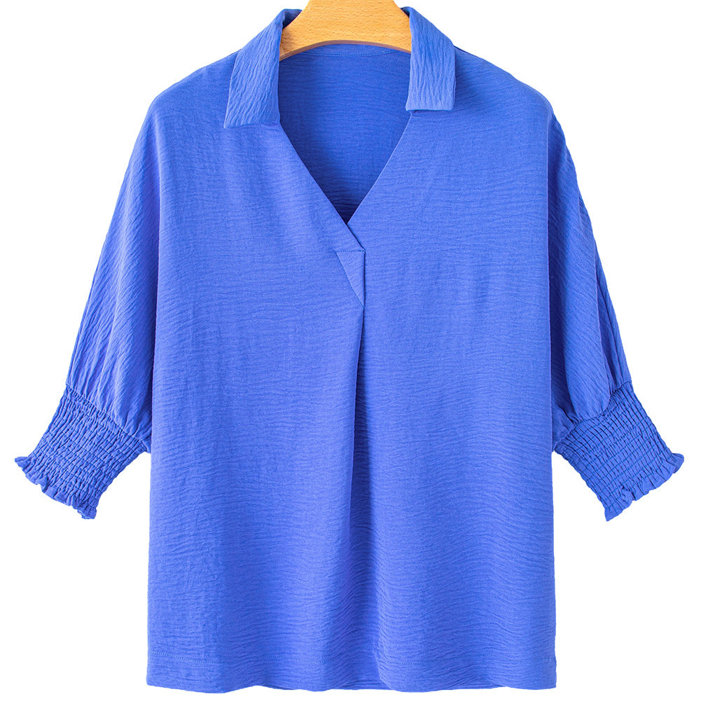 Audrey Blue Collared Smocked Sleeve Top