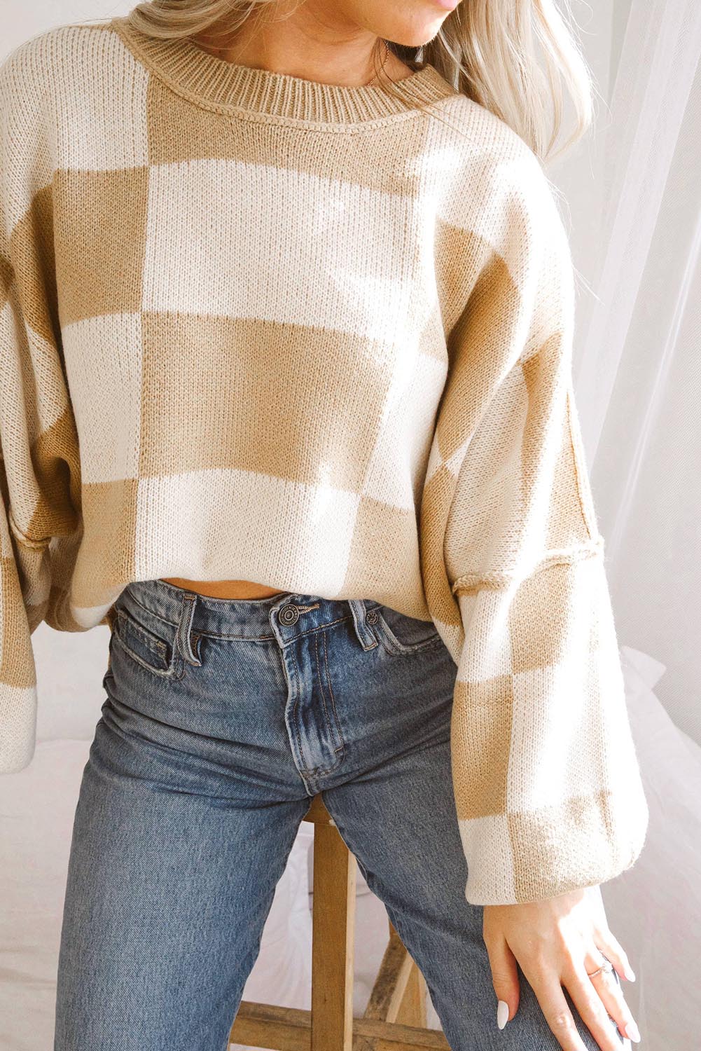 Sarah Khaki Checkered Sweater