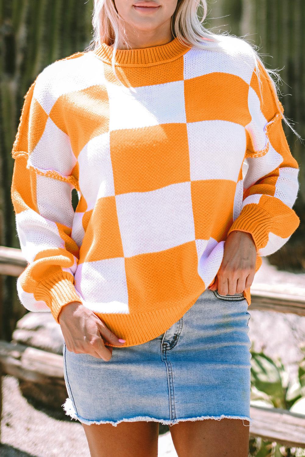 Sarah Orange Checkered Sleeve Sweater