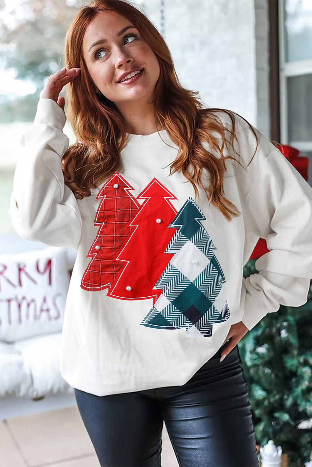 White Pearl Plaid Christmas Tree Patched Drop Shoulder Sweatshirt