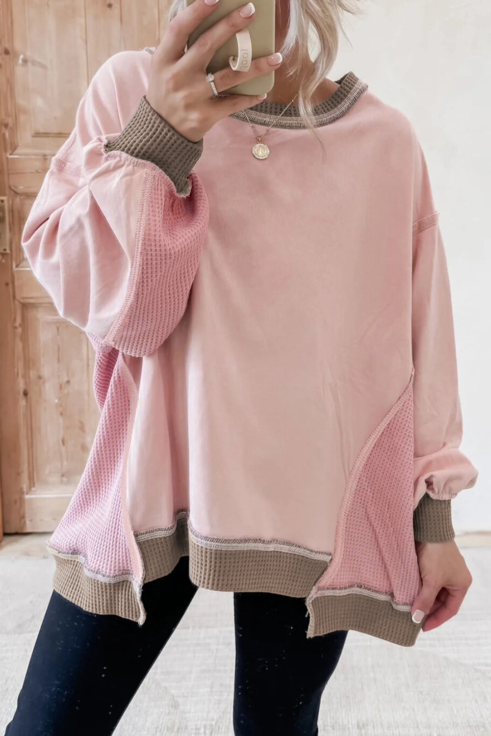 Light Pink Color Block Mix Texture Waffle Patchwork Oversize Sweatshirt