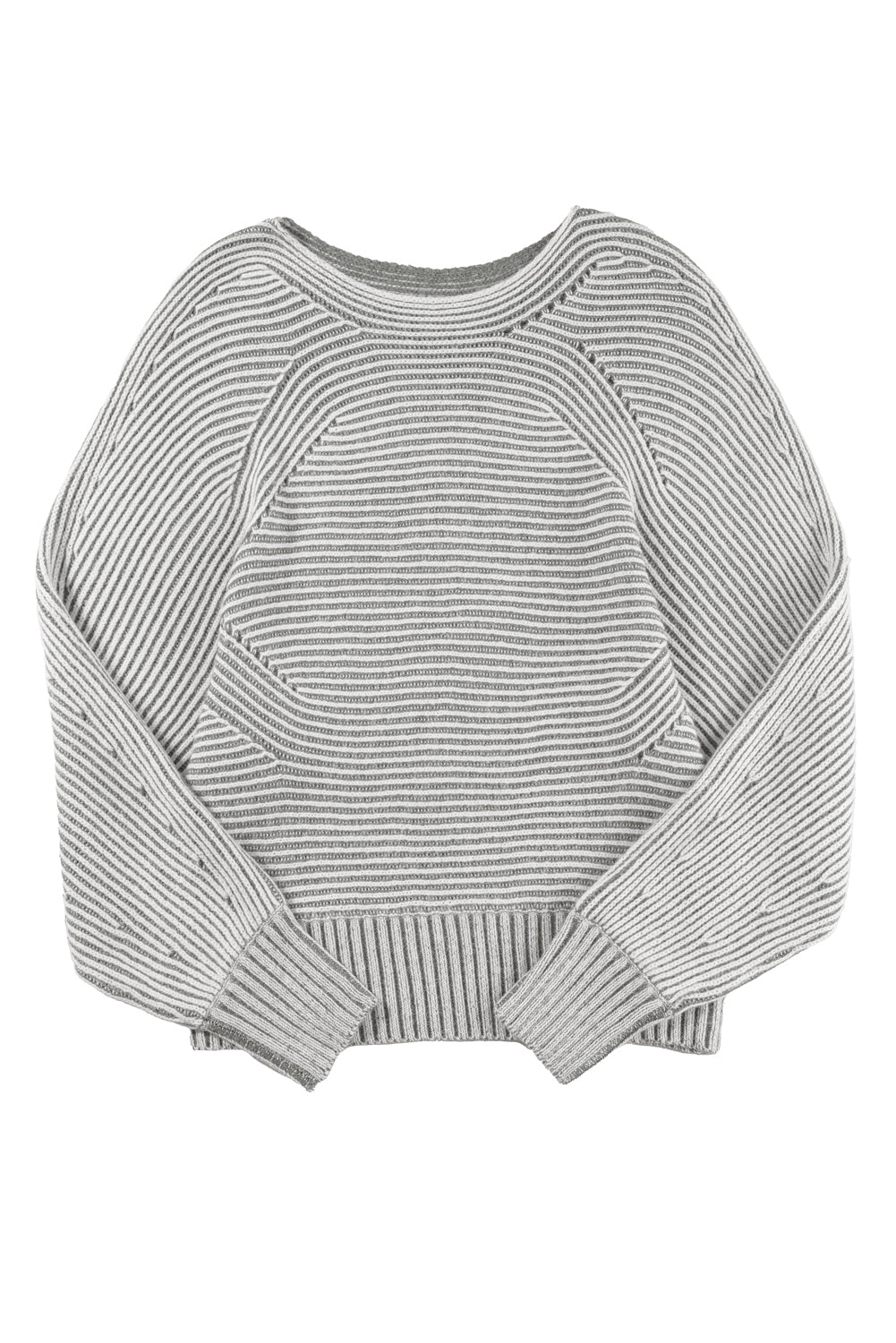 Medium Grey Striped Print Ribbed Knit Boat Neck Baggy Sweater