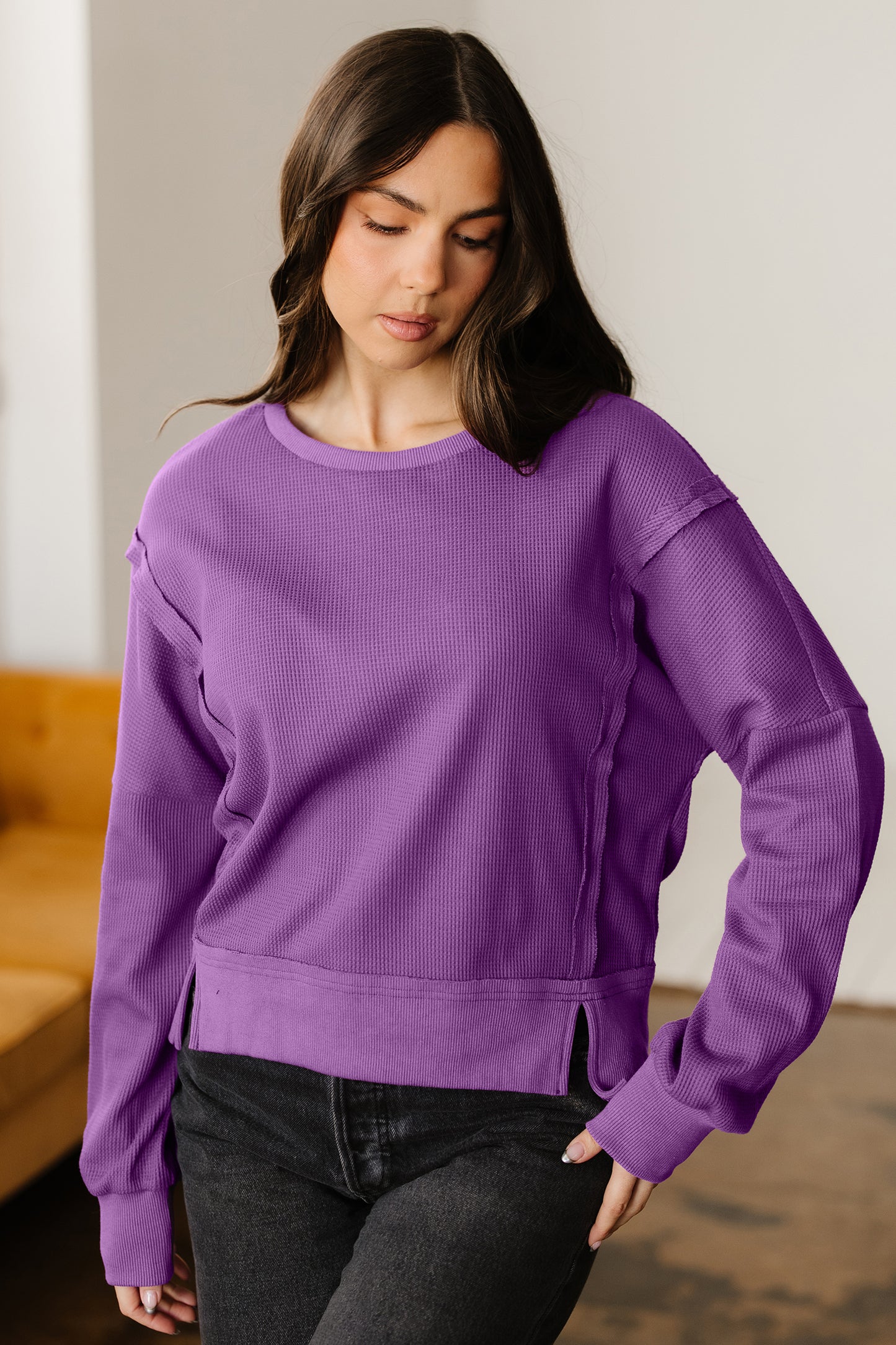 Orchid Mist Solid Color Raw Seam Patchwork Ribbed Drop Shoulder Sweatshirt