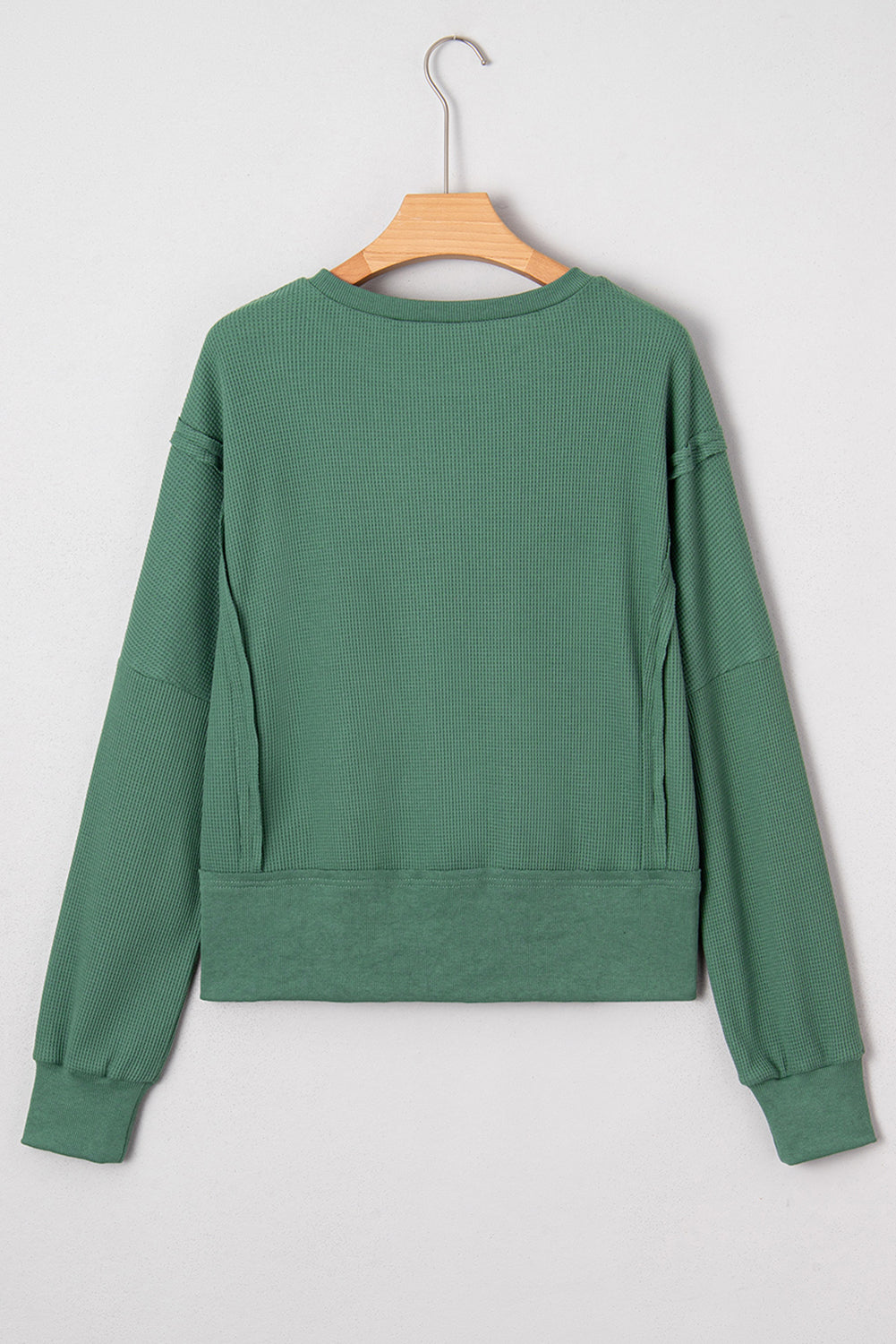 Evergreen Solid Color Raw Seam Patchwork Textured Drop Shoulder Sweatshirt
