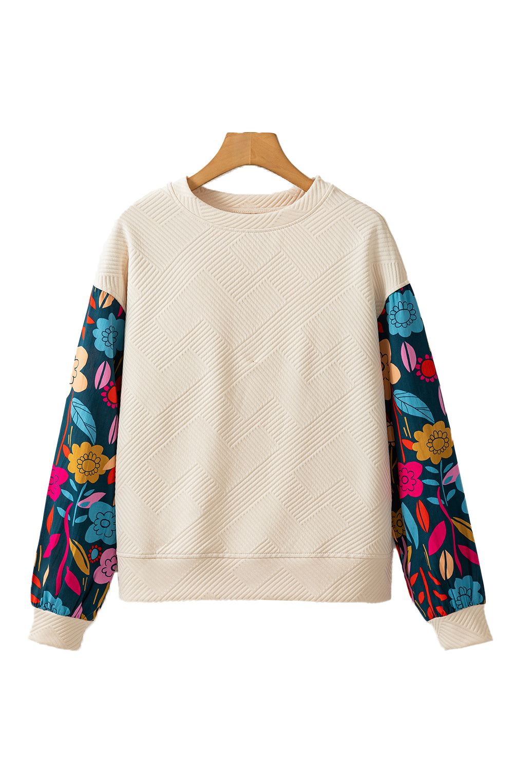 White Contrast Floral Sleeve Textured Drop Shoulder Knit Top