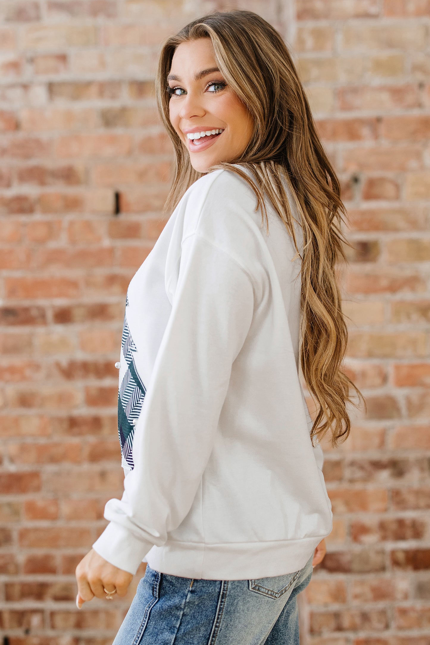 White Pearl Plaid Christmas Tree Patched Drop Shoulder Sweatshirt