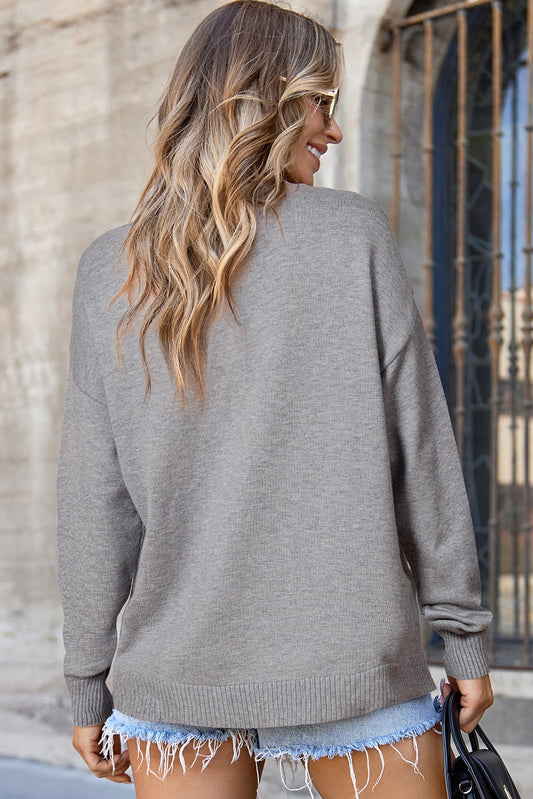 Gray Front Center Seam Drop Shoulder Pullover Solid Sweater