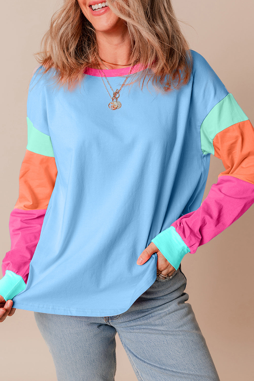 Piper Sky Blue Colorblock Patchwork Top