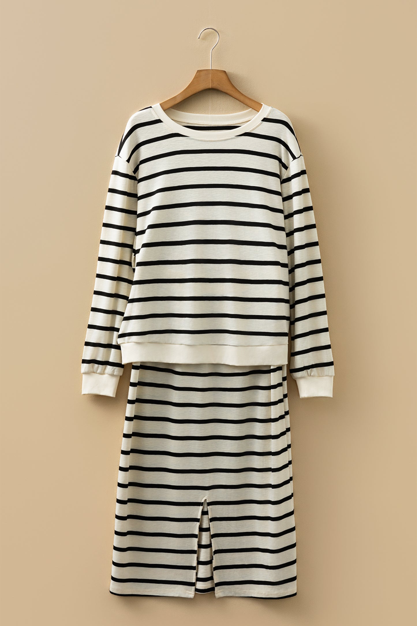 Black Stripe Ribbed Trim Button Cuff Long Sleeve Top Midi Skirt 2pcs Outfit