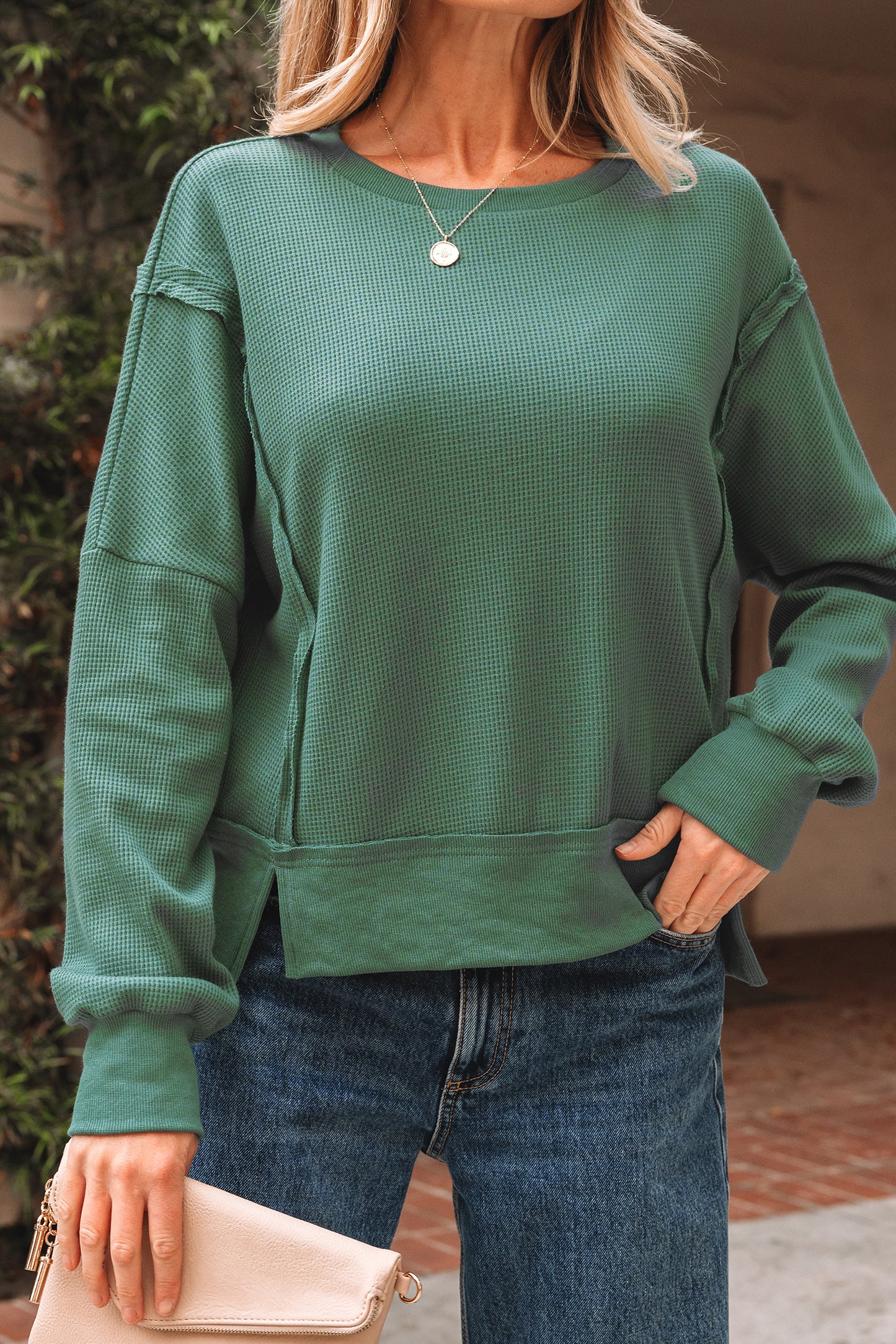 Evergreen Solid Color Raw Seam Patchwork Textured Drop Shoulder Sweatshirt