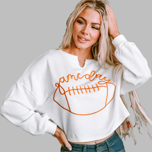 White Game Day Lettering Rugby Football Notched Neck Sweatshirt