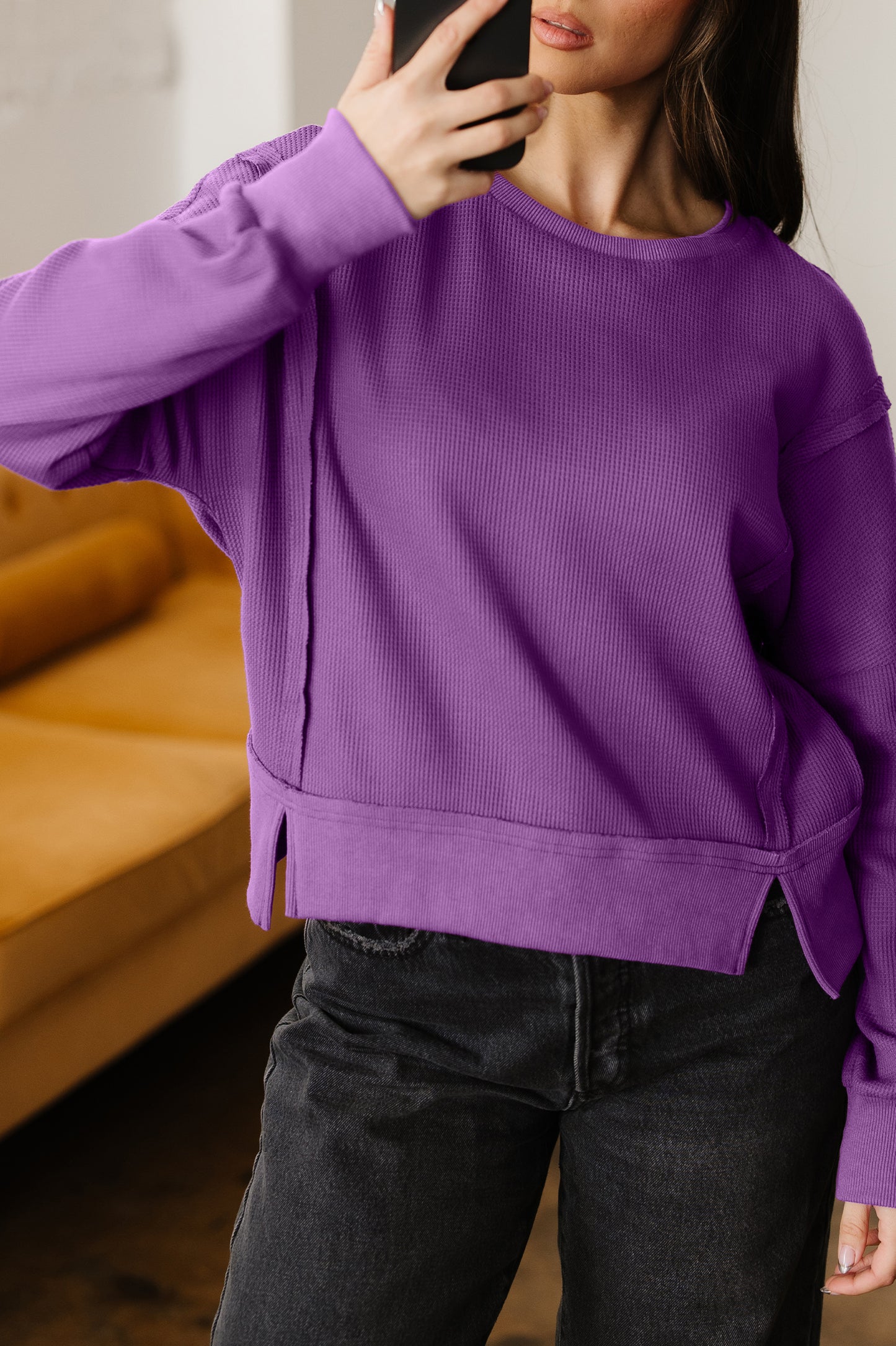 Orchid Mist Solid Color Raw Seam Patchwork Ribbed Drop Shoulder Sweatshirt