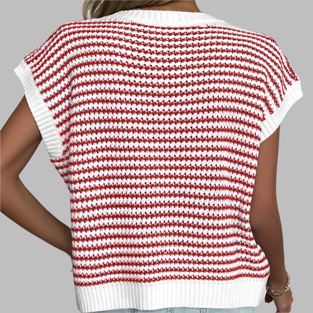 Red Stripe Ribbed Trim Loose Fit Knitted Sweater Vest