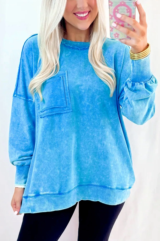 Blue Mineral Wash Raw Seam Double Patched Pocket Pullover Sweatshirt