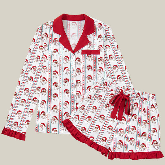 White Santa & Stripes Ruffle PJ Set