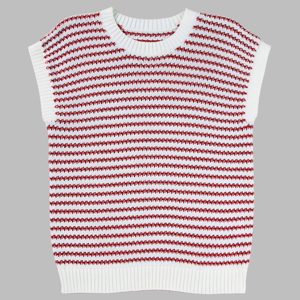 Red Stripe Ribbed Trim Loose Fit Knitted Sweater Vest