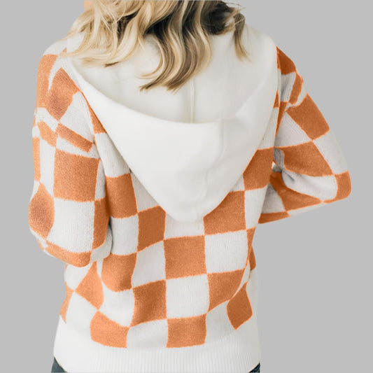 Gold Flame Checkered Split Neck Contrast Kangaroo Pocket Hooded Sweater