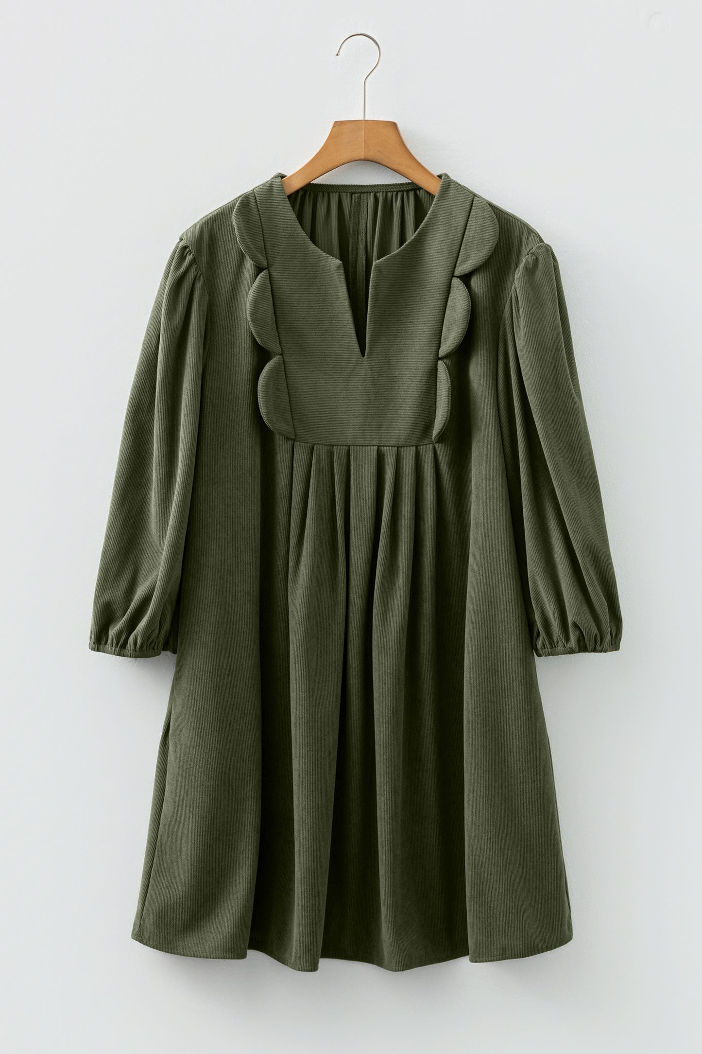 Moss Green Bracelet Sleeve Split Neck Scallop Detail Pleated Corduroy Mini Dress