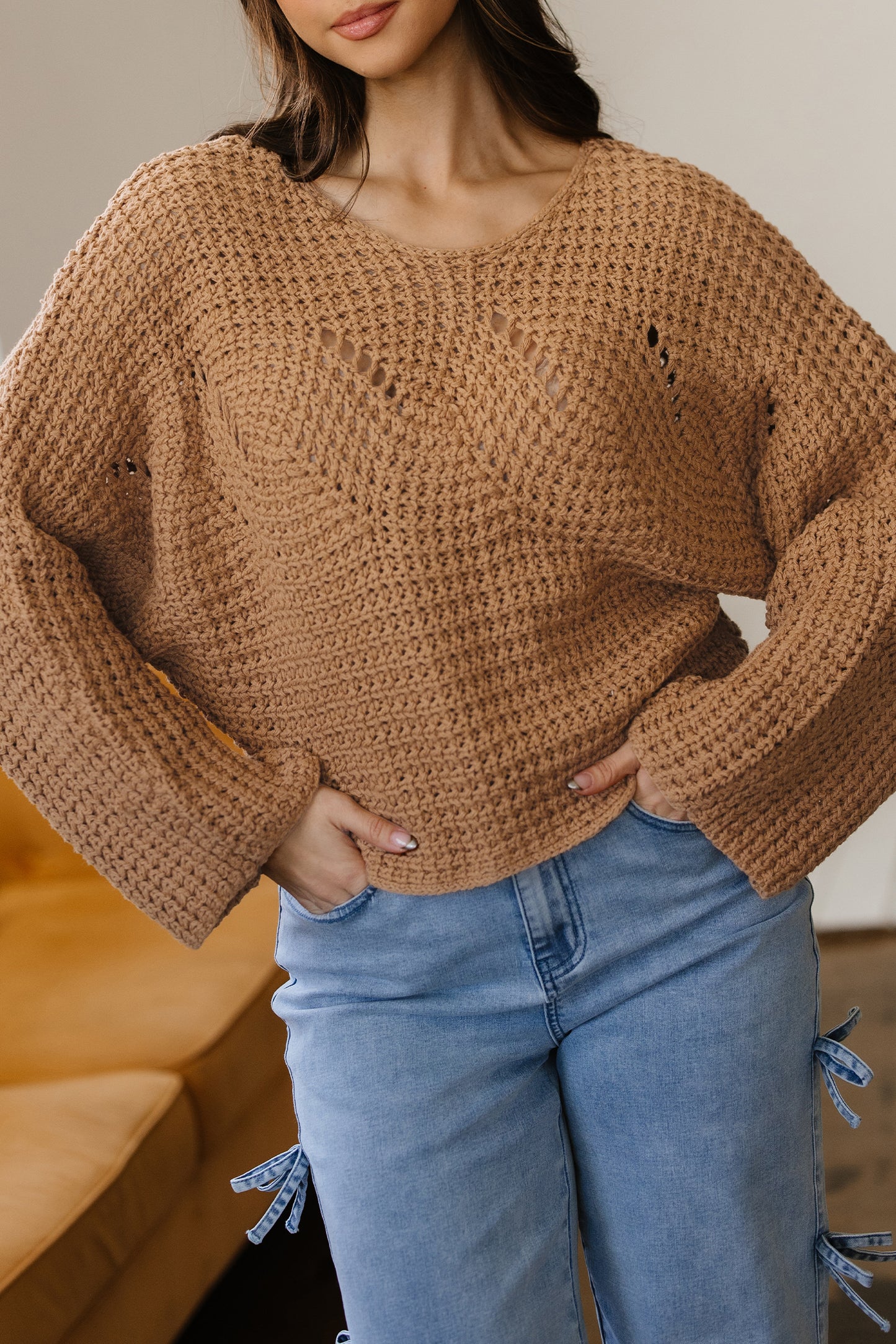 Camel Hollowed Detail Wide Sleeve Loose Pullover Sweater