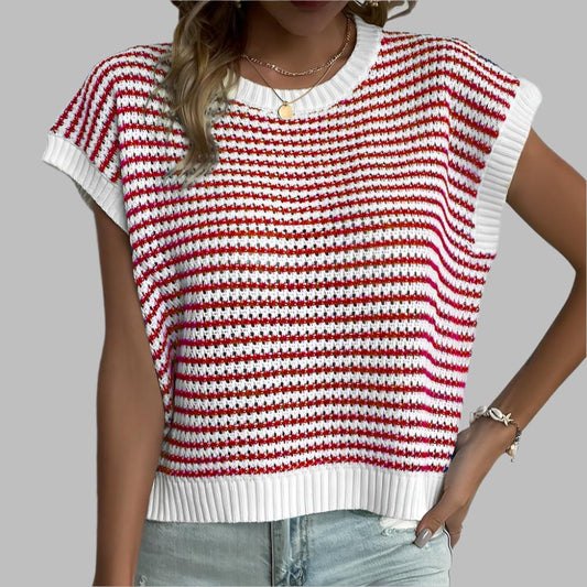 Red Stripe Ribbed Trim Loose Fit Knitted Sweater Vest