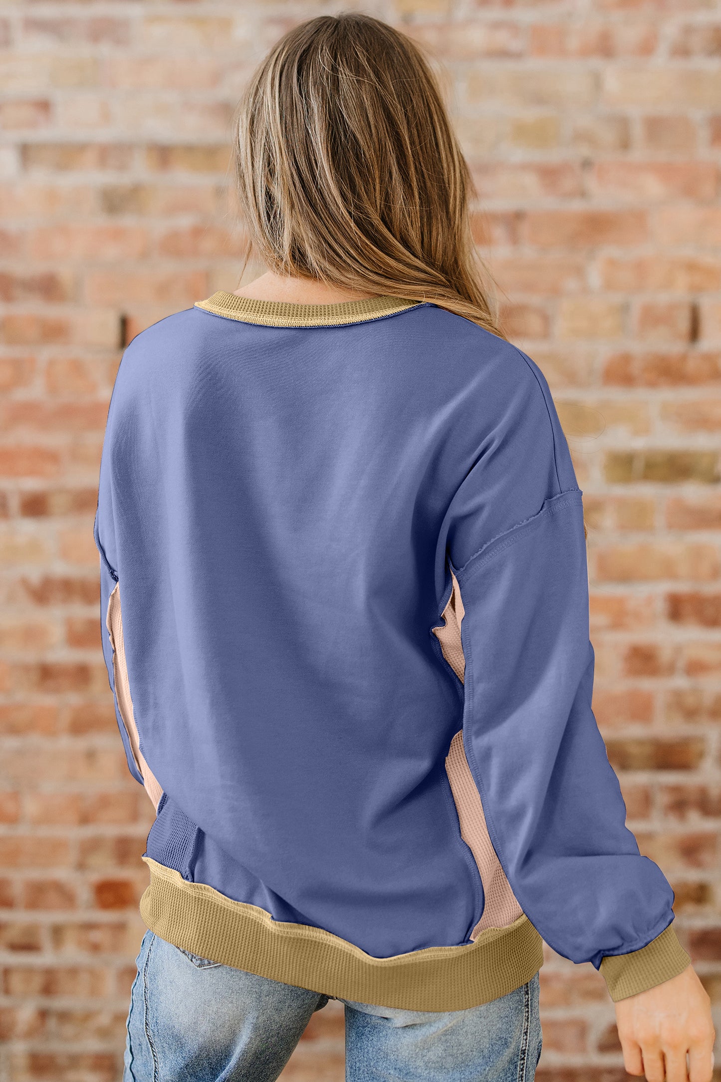 Wild Wind Color Block Mix Texture Waffle Patchwork Oversize Sweatshirt