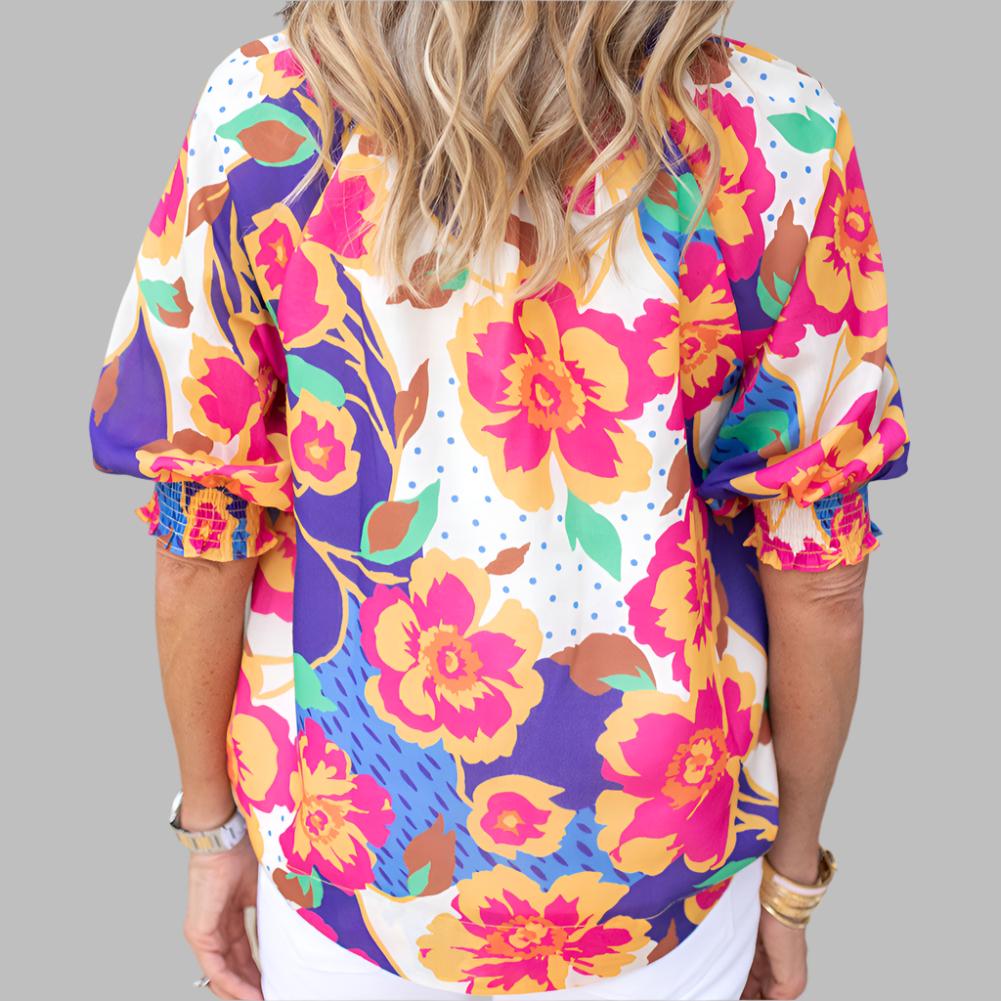 Kinnley Floral Split Neck Bubble Sleeve Top