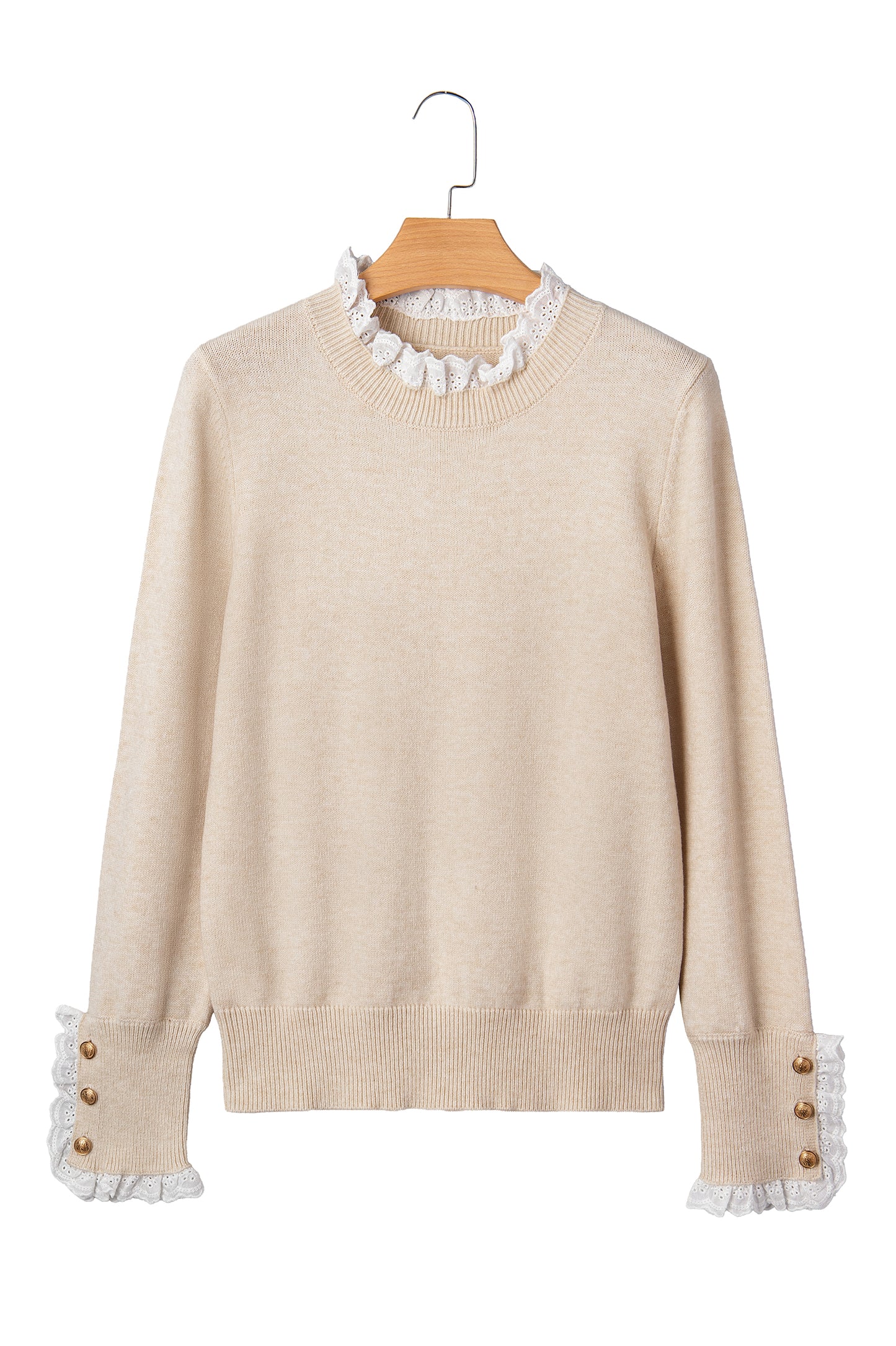 Jet Stream Lace Trim Patchwork Buttoned Cuffs Loose Sweater