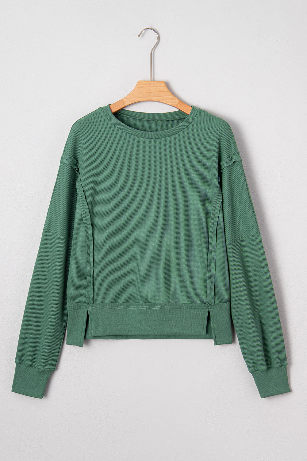 Evergreen Solid Color Raw Seam Patchwork Textured Drop Shoulder Sweatshirt
