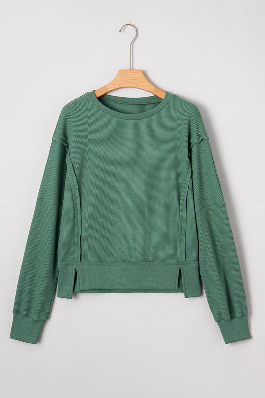 Evergreen Solid Color Raw Seam Patchwork Textured Drop Shoulder Sweatshirt