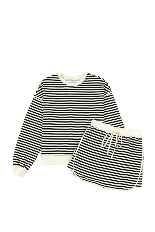 Black Stripe Textured Drop Shoulder Pullover Top Drawstring Mini Skirt Two Piece Dress Set