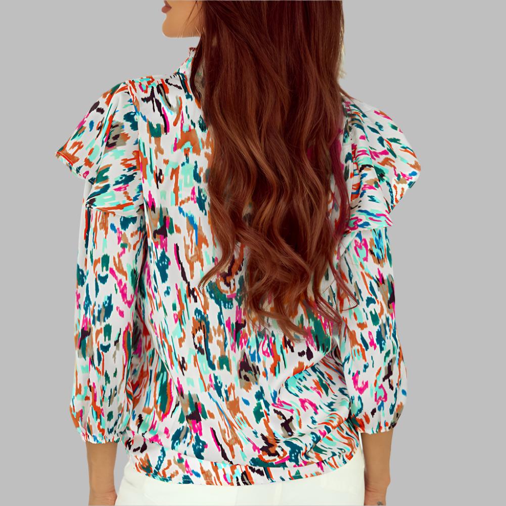 Olivia Abstract Puff Sleeve Ruffle Blouse