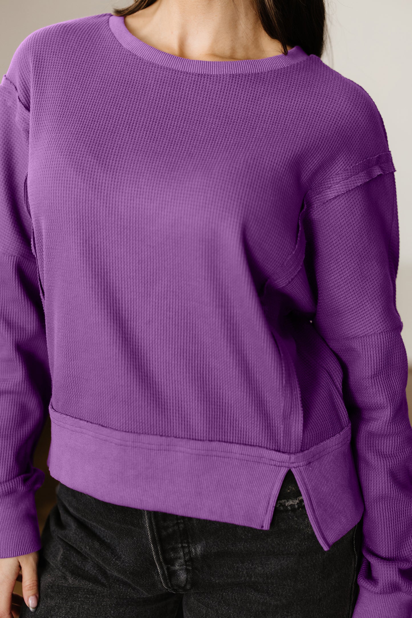 Orchid Mist Solid Color Raw Seam Patchwork Ribbed Drop Shoulder Sweatshirt