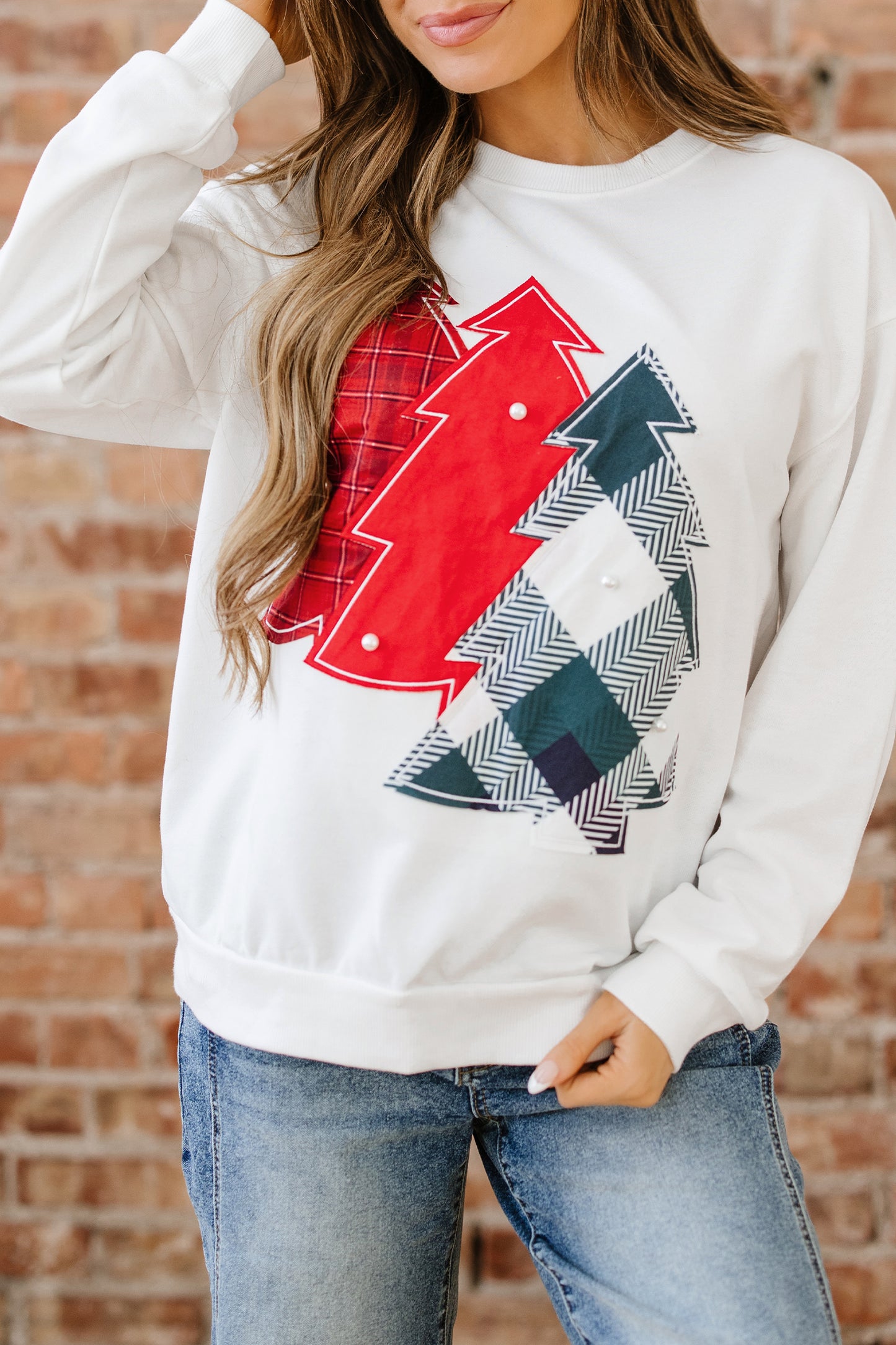 White Pearl Plaid Christmas Tree Patched Drop Shoulder Sweatshirt