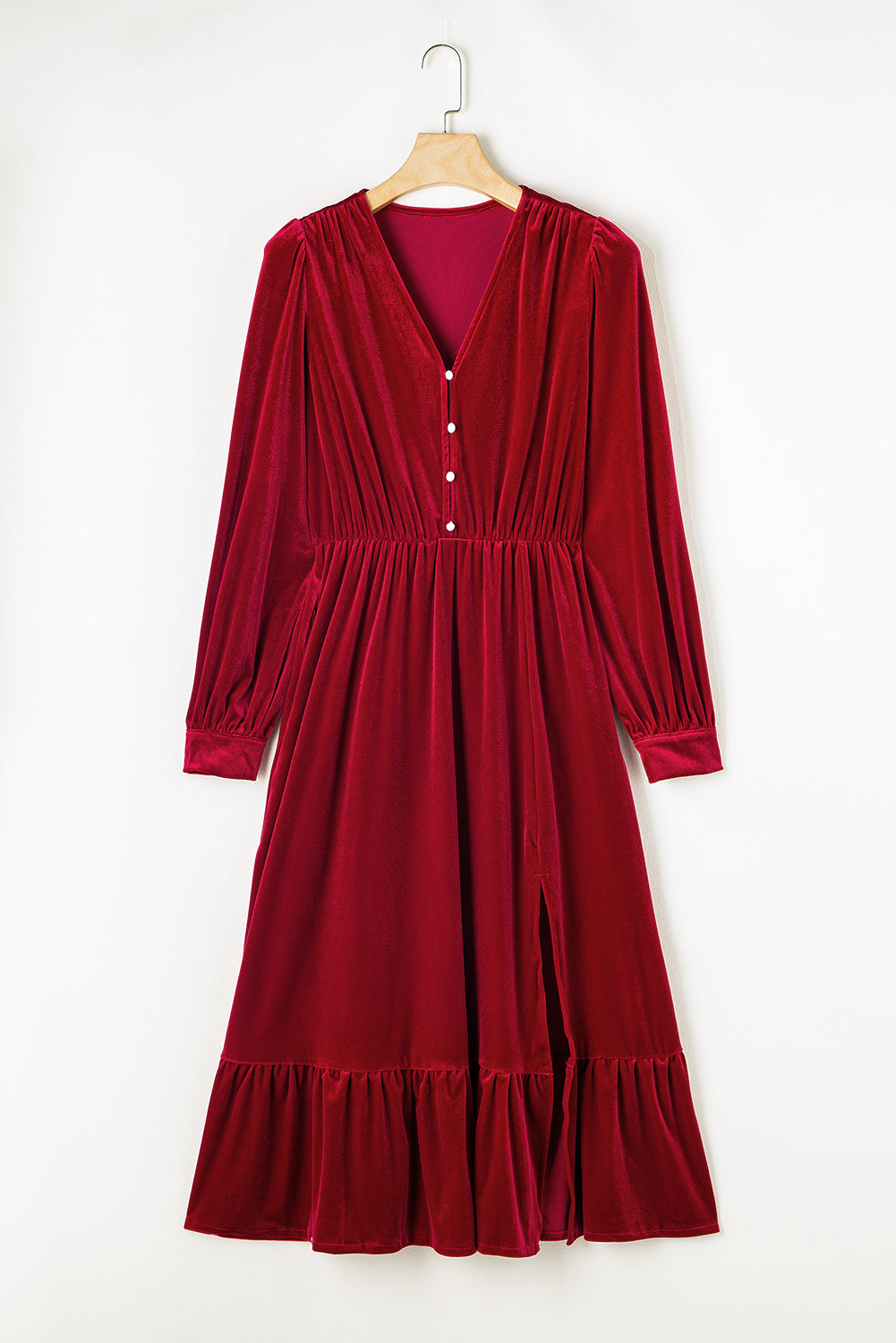 Dearlove Racing Red Velvet Buttoned Puff Sleeve V Neck Split Midi Dress
