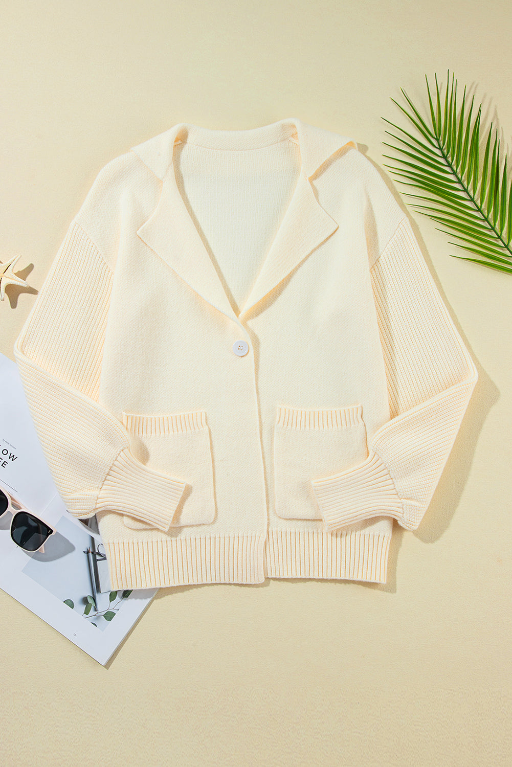 Beige Solid Color Knit Lapel Collar Single Button Sweater Cardigan