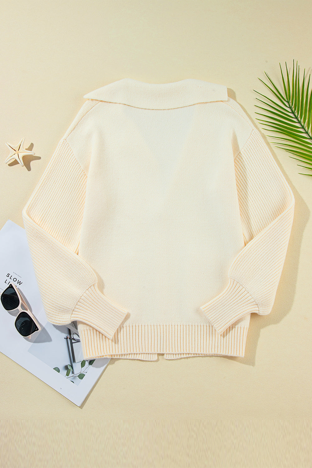 Beige Solid Color Knit Lapel Collar Single Button Sweater Cardigan