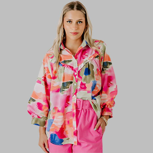 Rose Abstract Print Ruffled Puff Sleeve Shirt