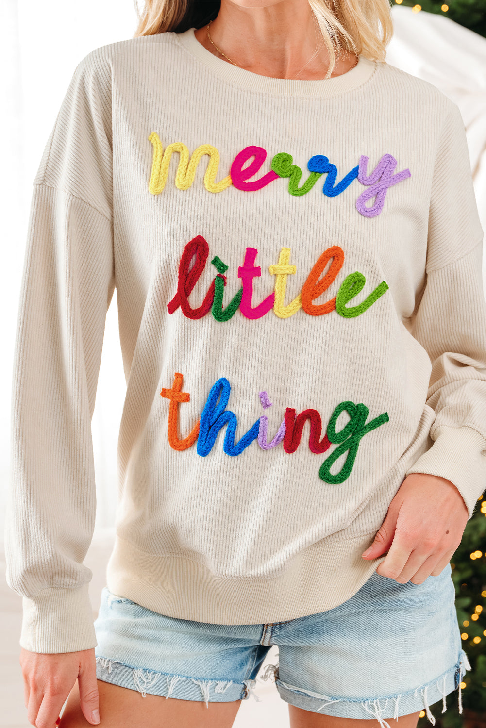 Beige merry little thing Corded Letter Graphic Ribbed Loose Sweatshirt
