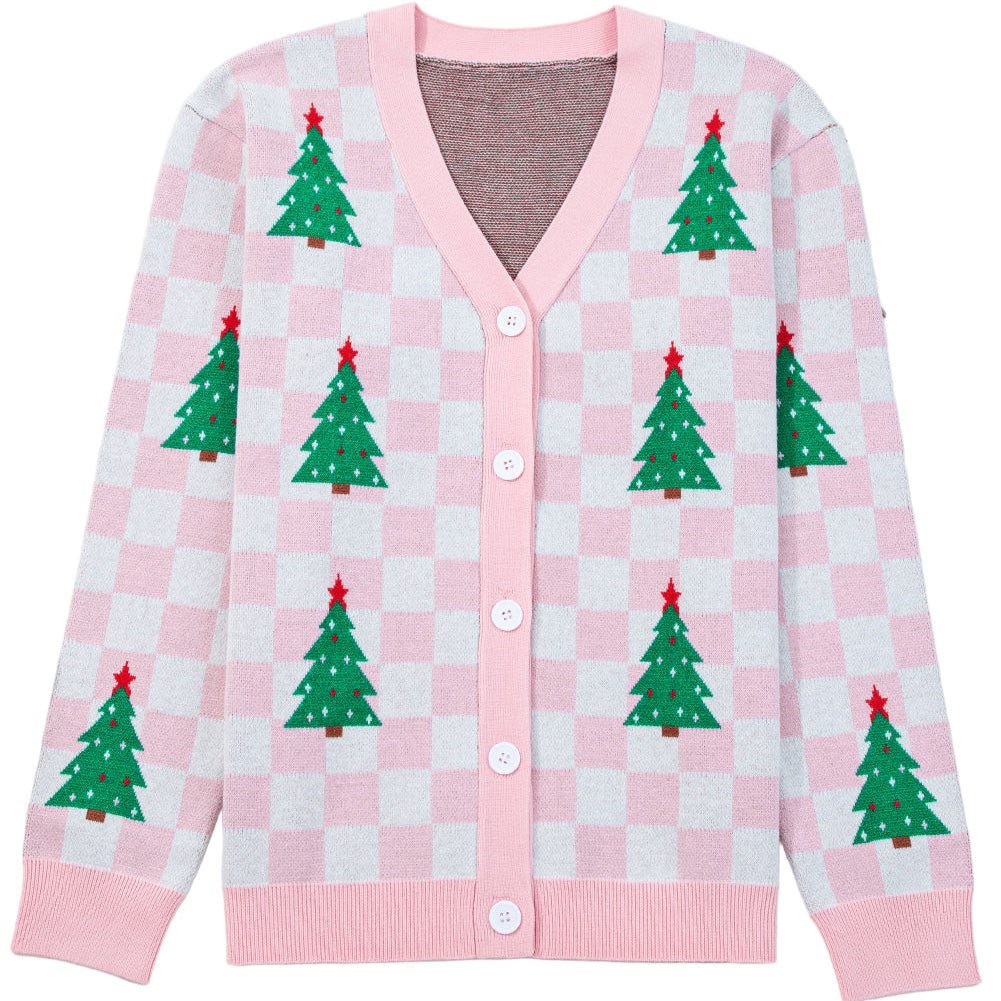 Anna Pink Checkered Christmas Tree Cardigan
