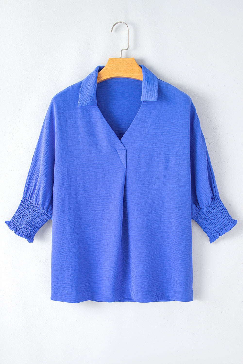 Audrey Blue Collared Smocked Sleeve Top