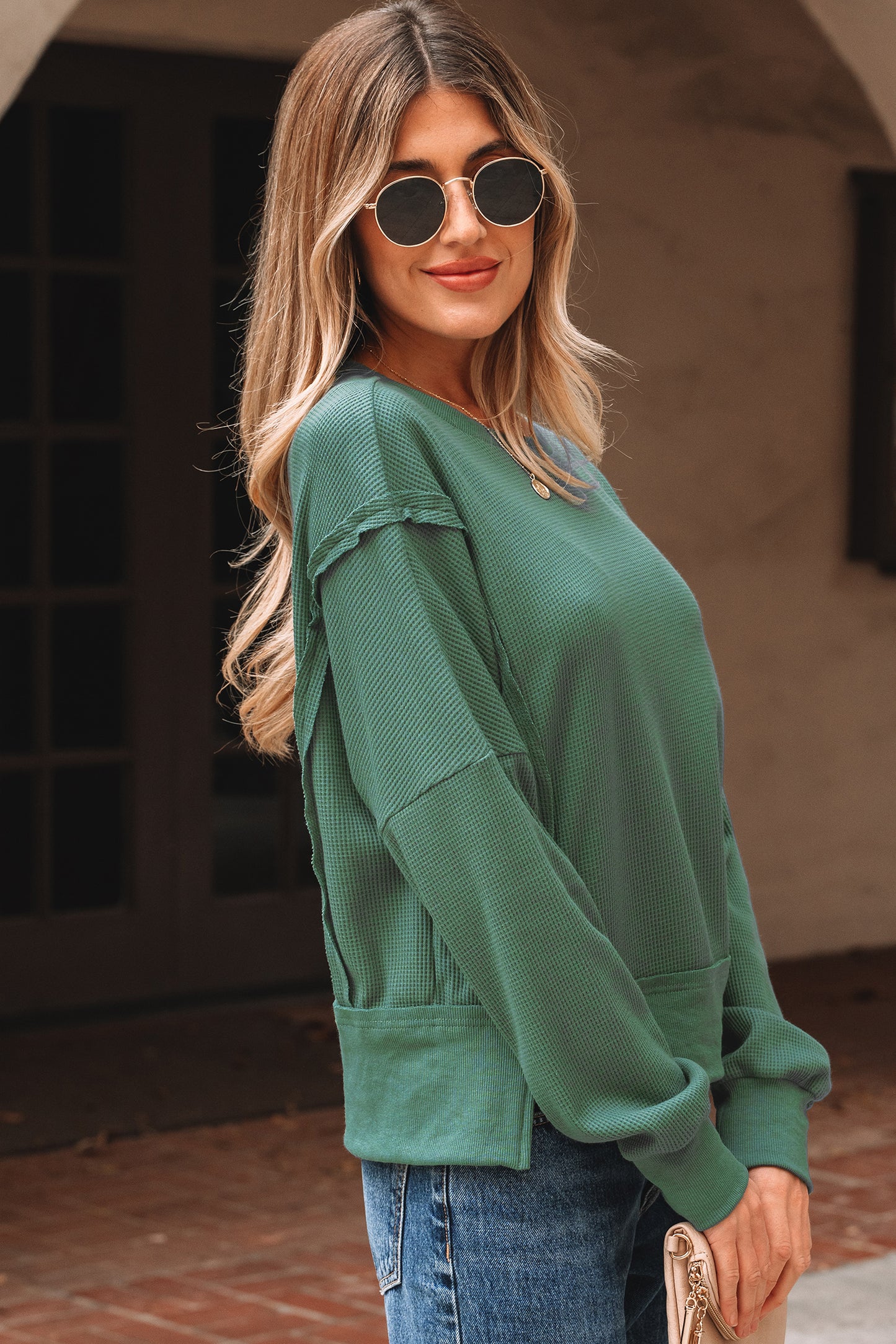 Evergreen Solid Color Raw Seam Patchwork Textured Drop Shoulder Sweatshirt