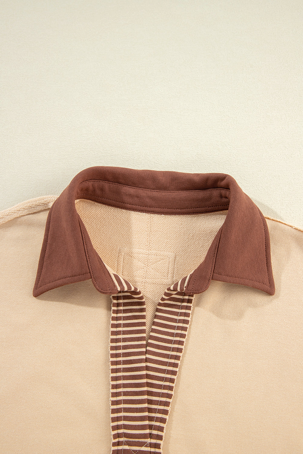 Light French Beige Striped Colorblock Patchwork Collar Sweatshirt