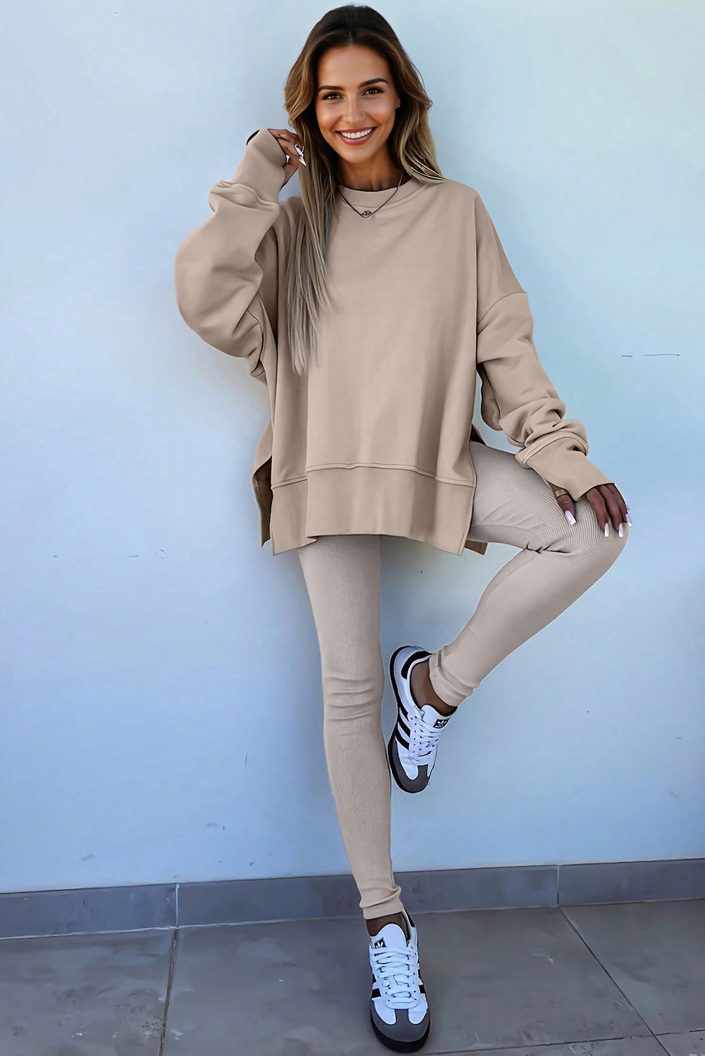 Jet Stream Solid Color Oversize Slit Sweatshirt Ribbed Leggings 2pcs Set